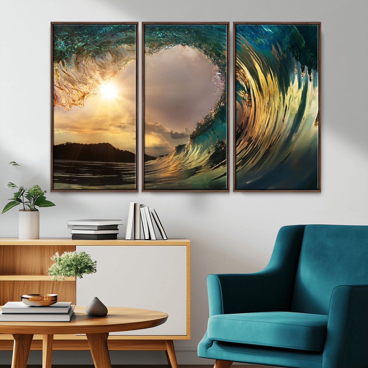 Golden Wave Sunset Canvas Print – Large Coastal Wall Art for