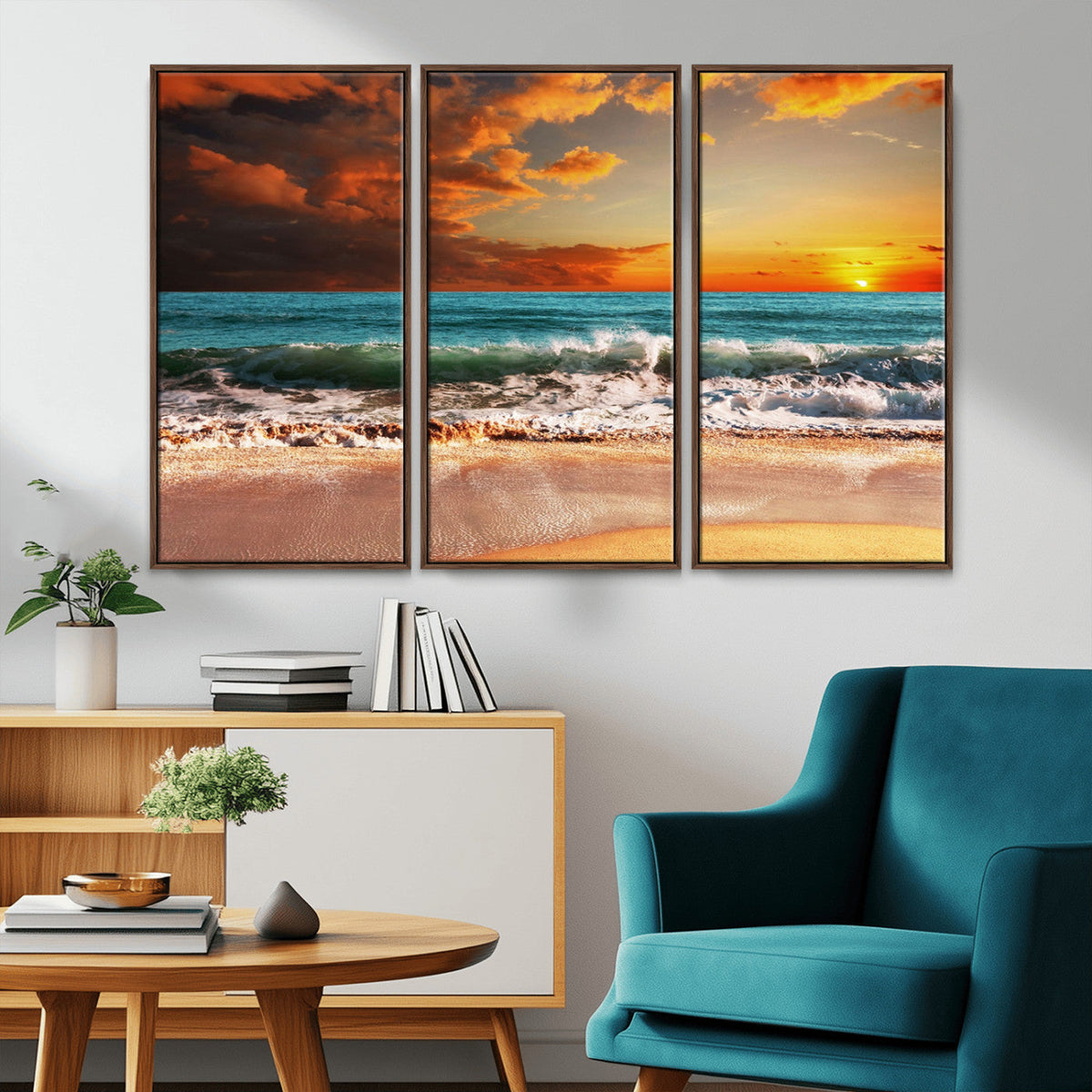 Golden Sunset Beach Canvas Wall Art – Triptych Seascape