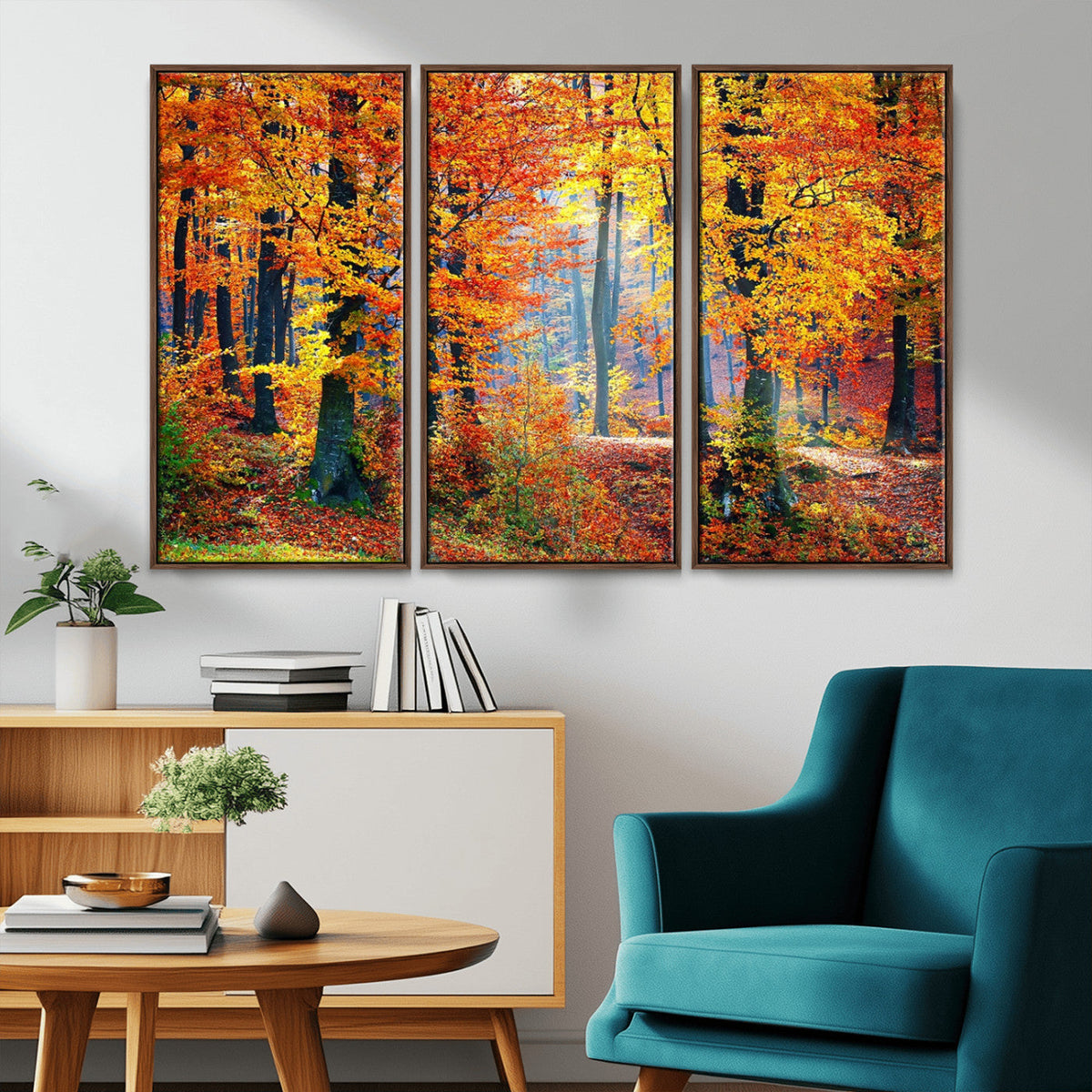 Autumn Red Forest Triptych Canvas Wall Art Print, Forest