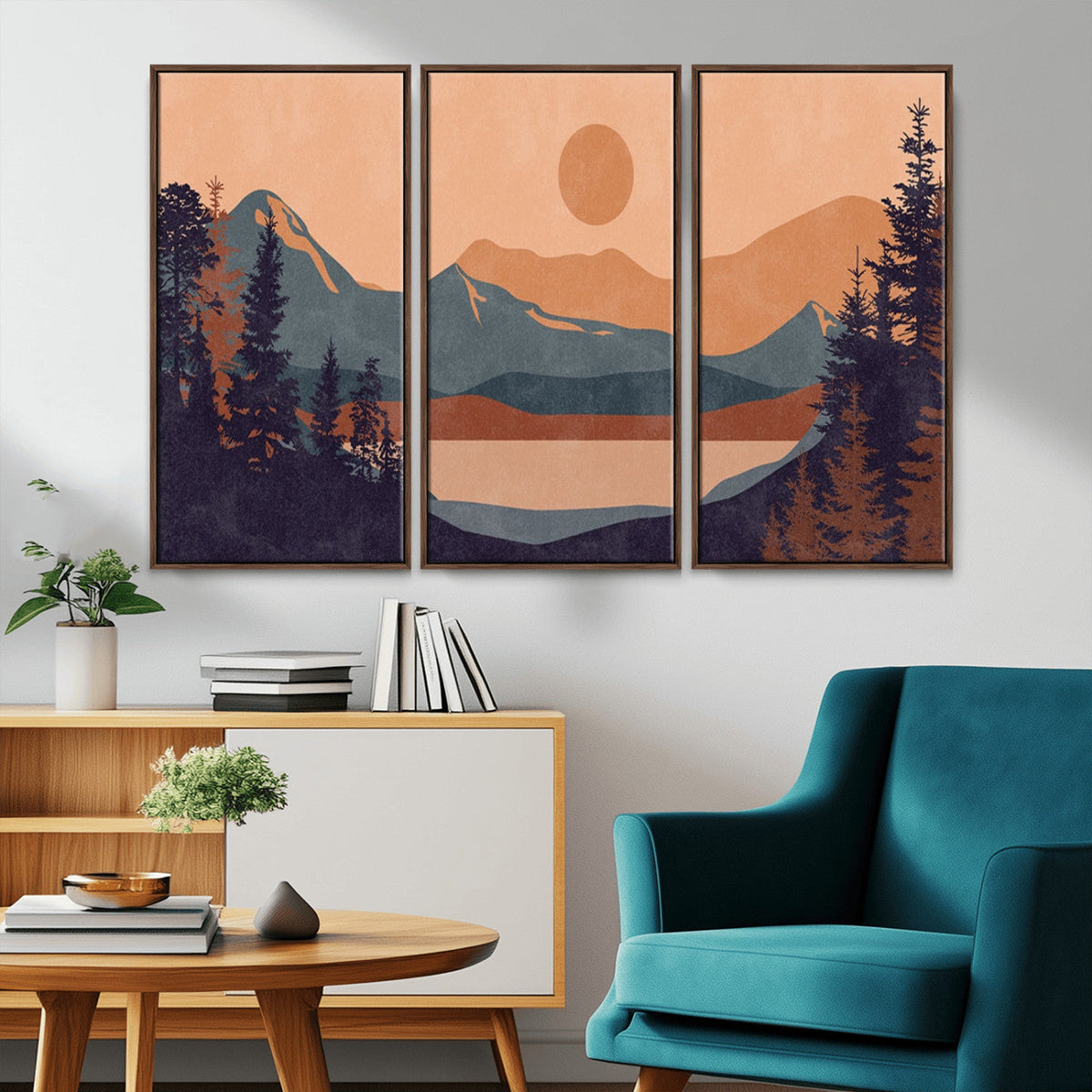 Modern Boho Sunset Canvas Print, Mountain Landscape Triptych