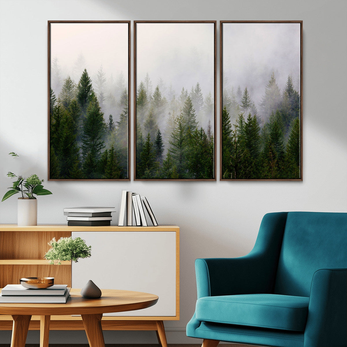 Misty Pine Forest Wall Art Canvas Print | 3 Panel Green