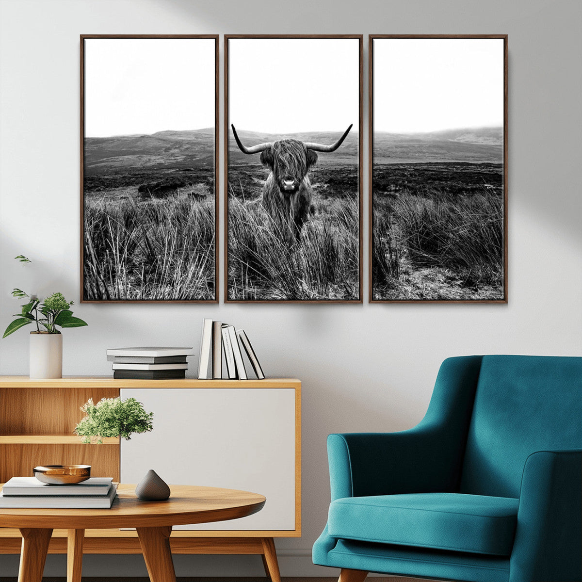 Black and White Highland Cow Canvas Wall Art, Longhorn