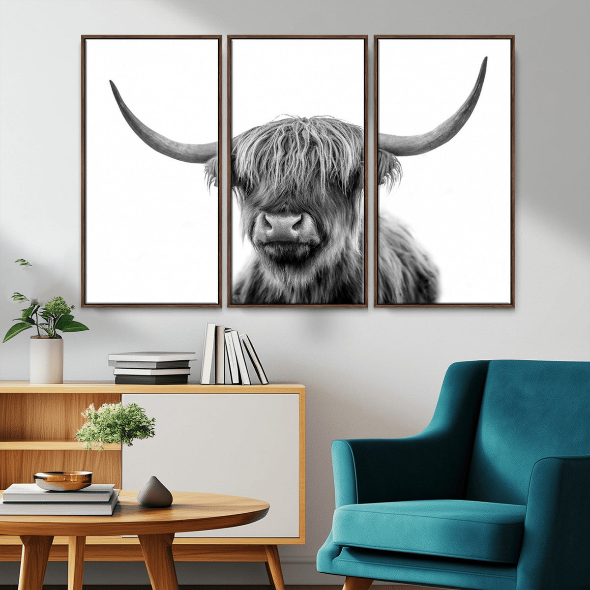 Grayscale Scottish Highland Cow Cattle Art Print Farmhouse