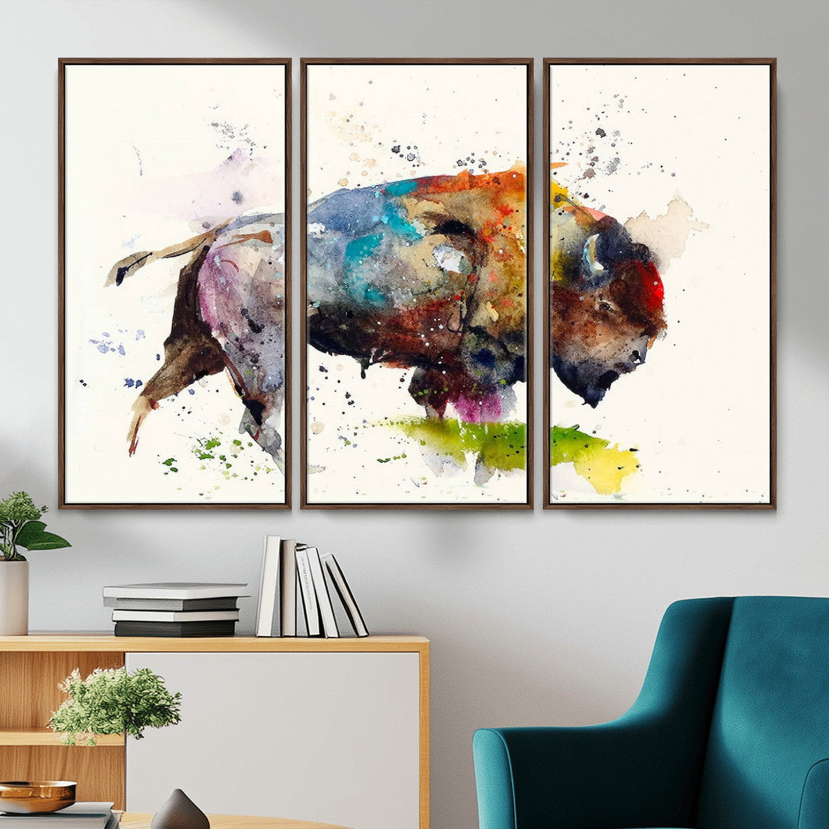 Abstract Buffalo Wall Art, Western Watercolor Bison Canvas