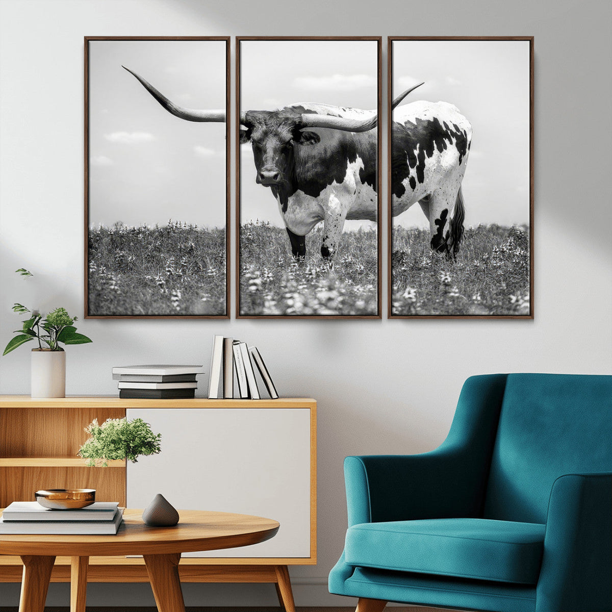 Texas Black White Highland Longhorn Cow Wall Art Canvas