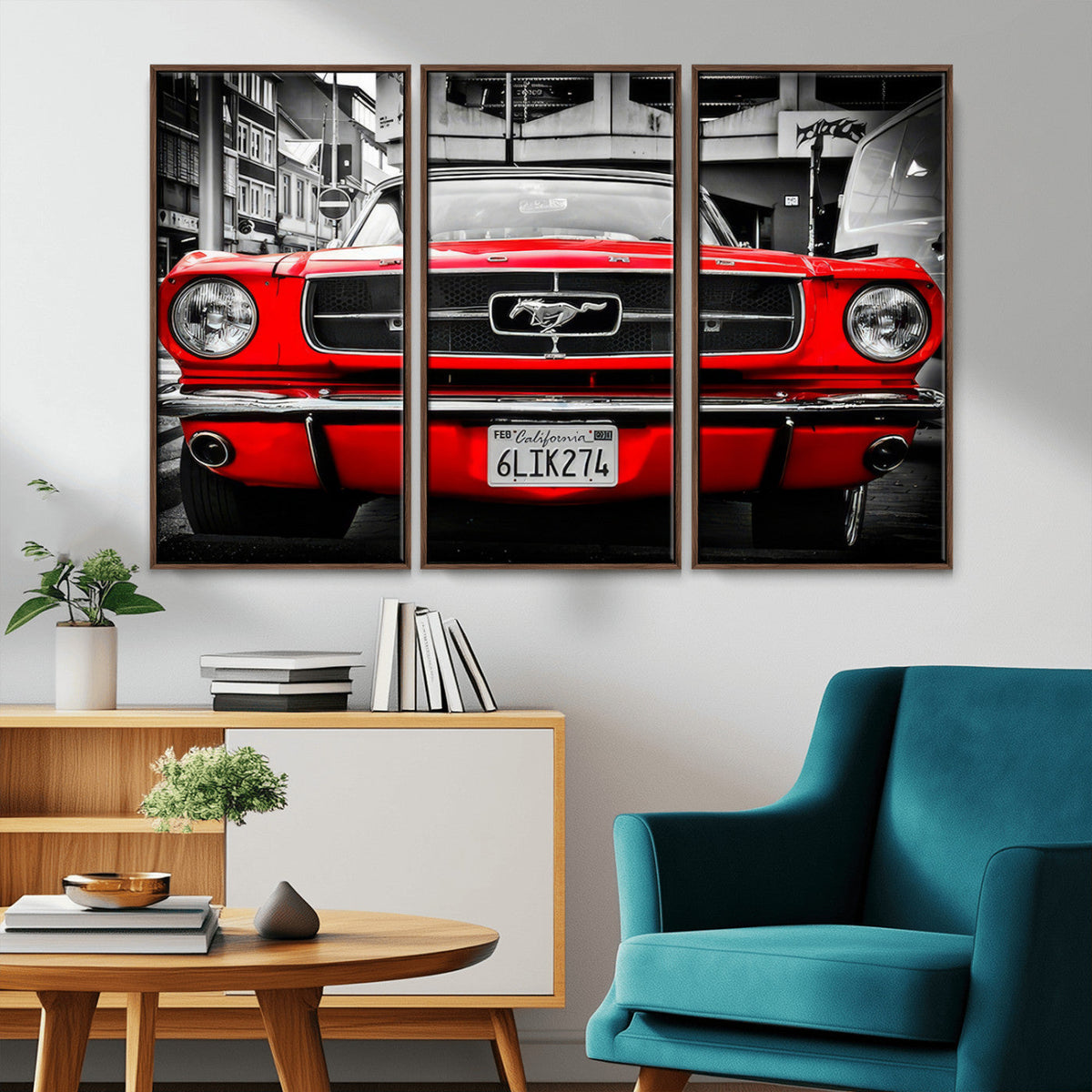 Red Mustang Car Wall Art – Framed Classic Vehicle Canvas