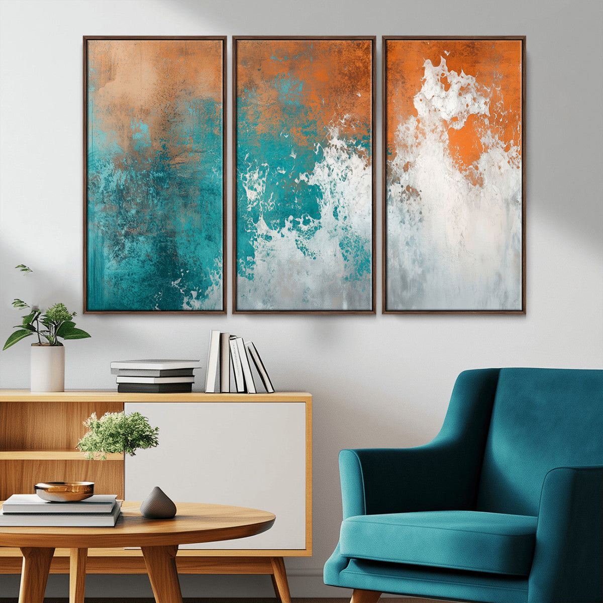 Vintage Abstract Print - Bold Teal and Orange Canvas Wall