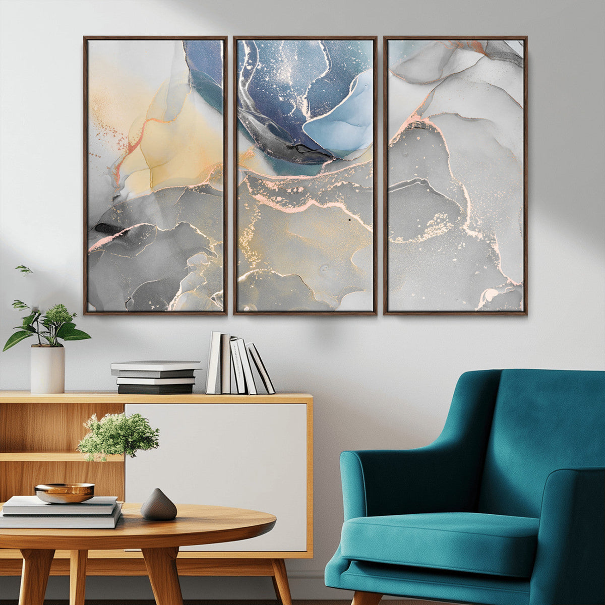 Large Abstract Blue and Gold Canvas Wall Art | Fluid Ink