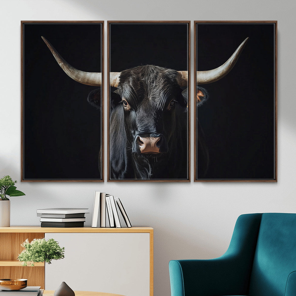 Majestic Longhorn Bull Wall Art Canvas Print – Dark