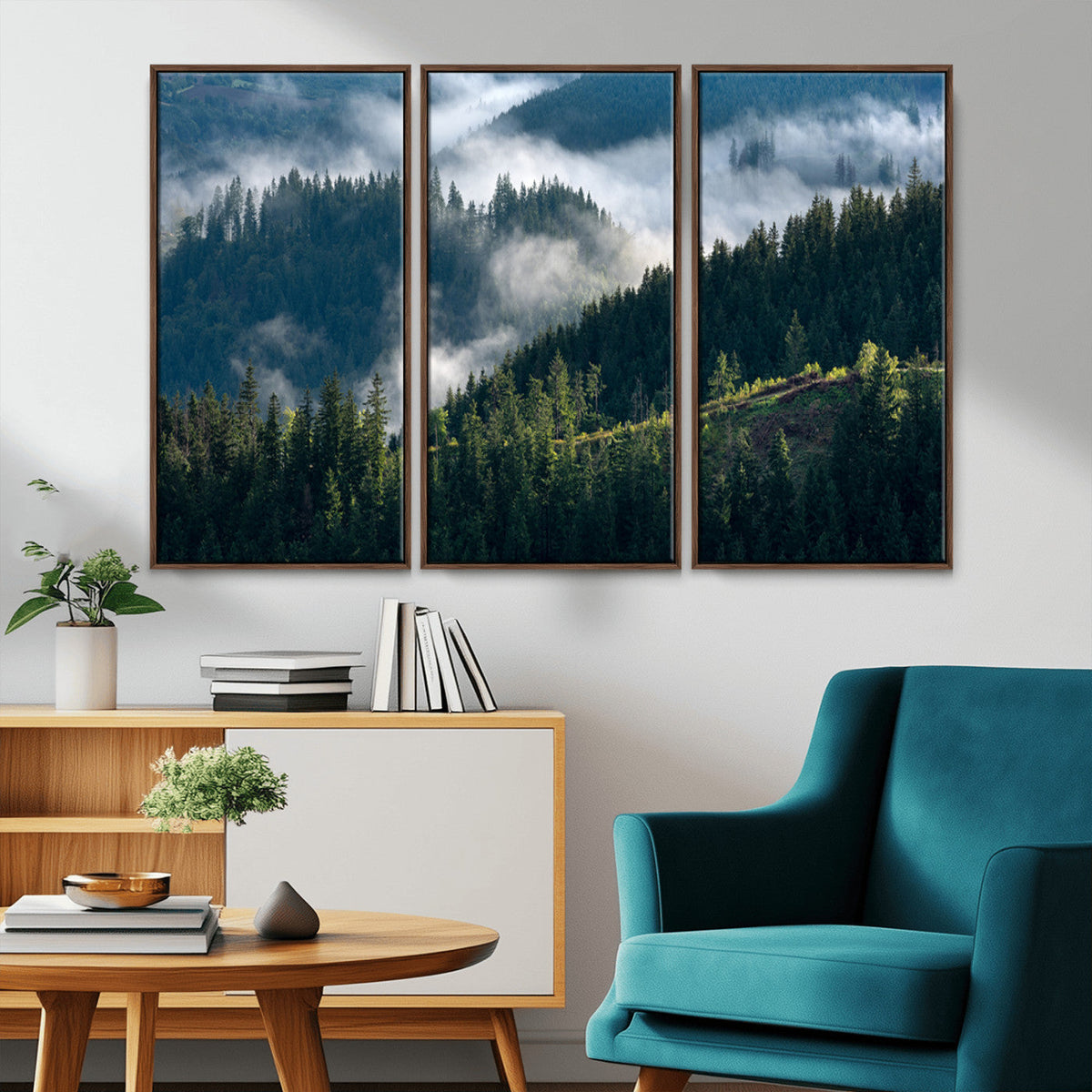 Misty Forest Wall Art Canvas Print, Serene Pine Hills and