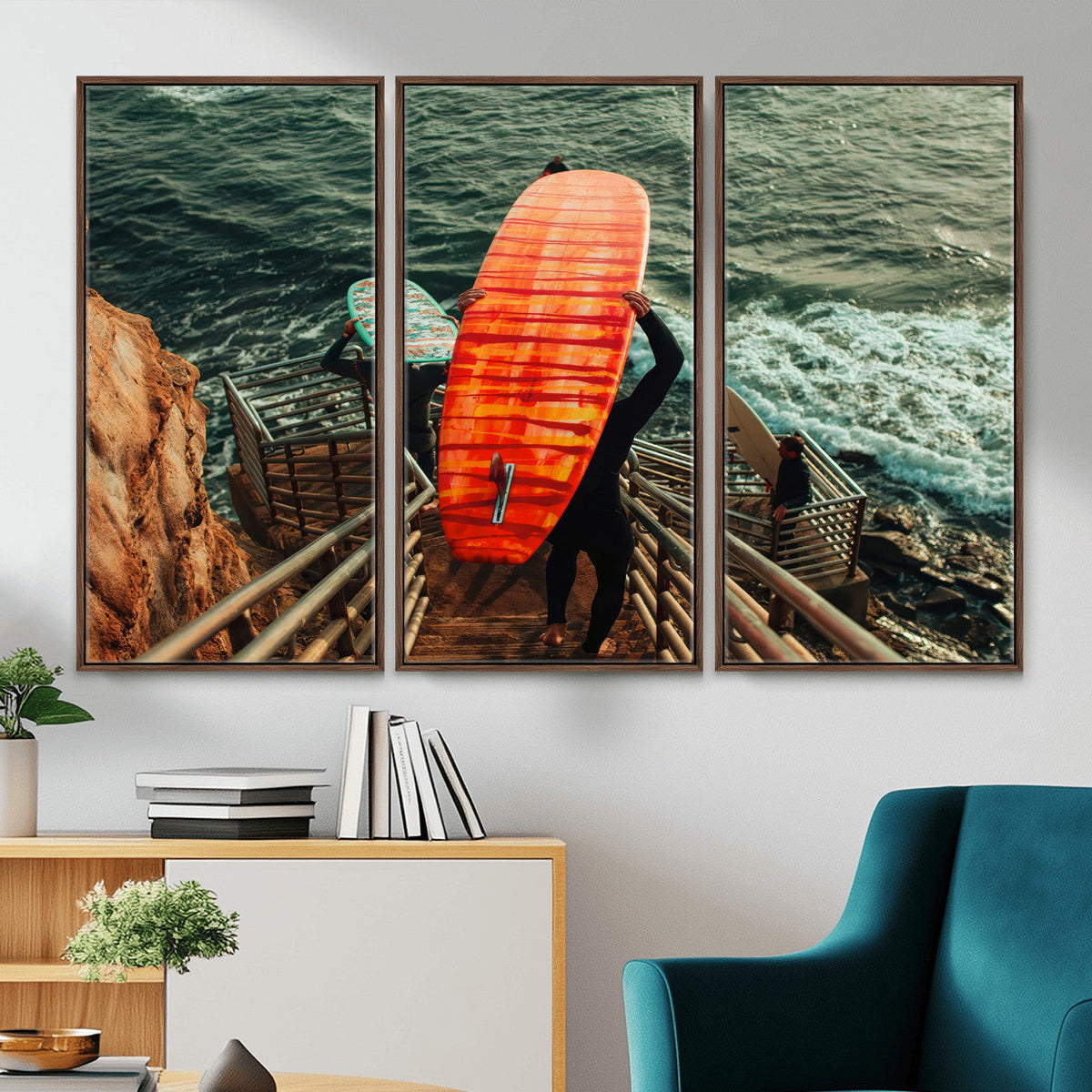 Surfer Stairway Wall Art – Framed Ocean Surf Canvas Artwork,