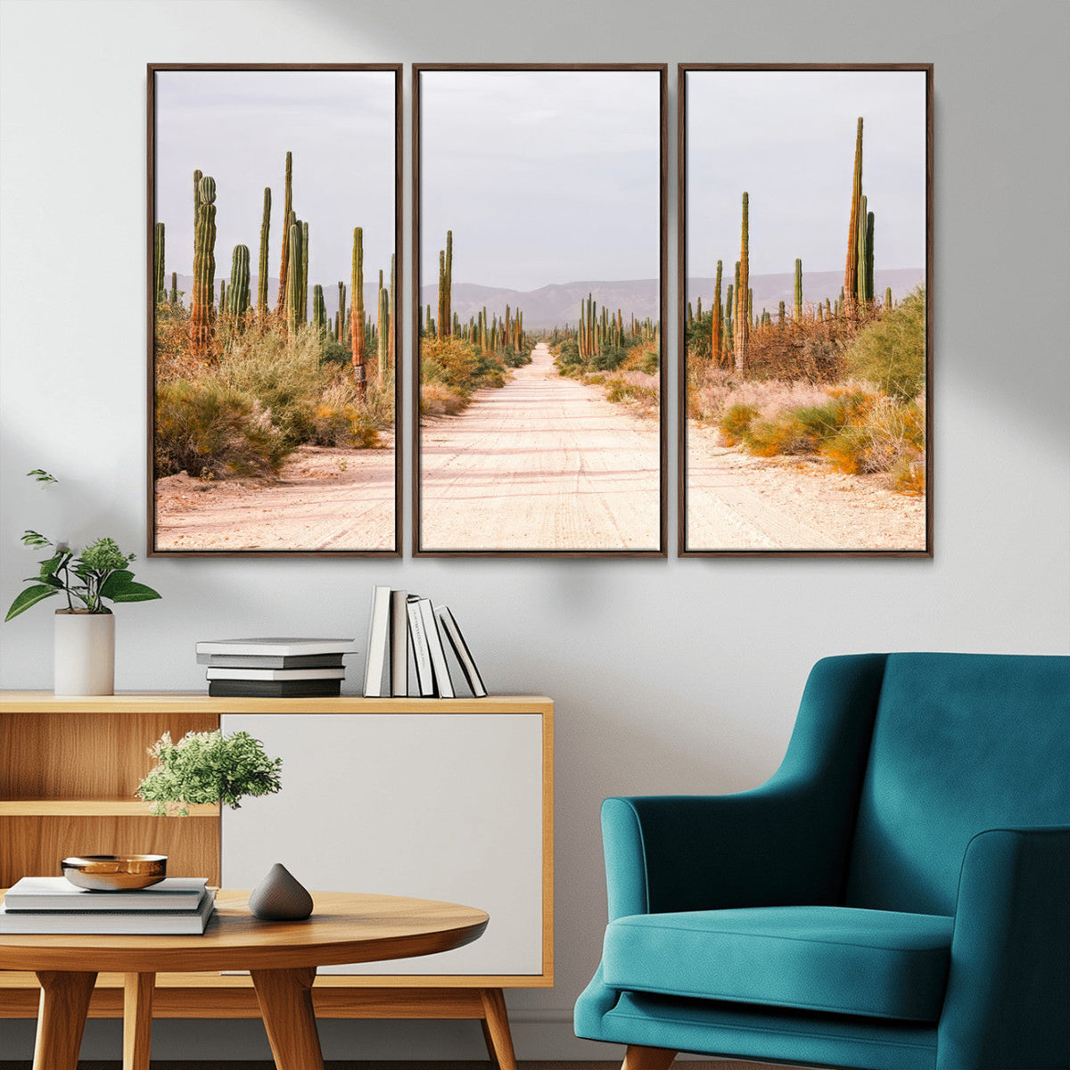 Desert Cactus Lined Road Wall Art Canvas Print – Framed
