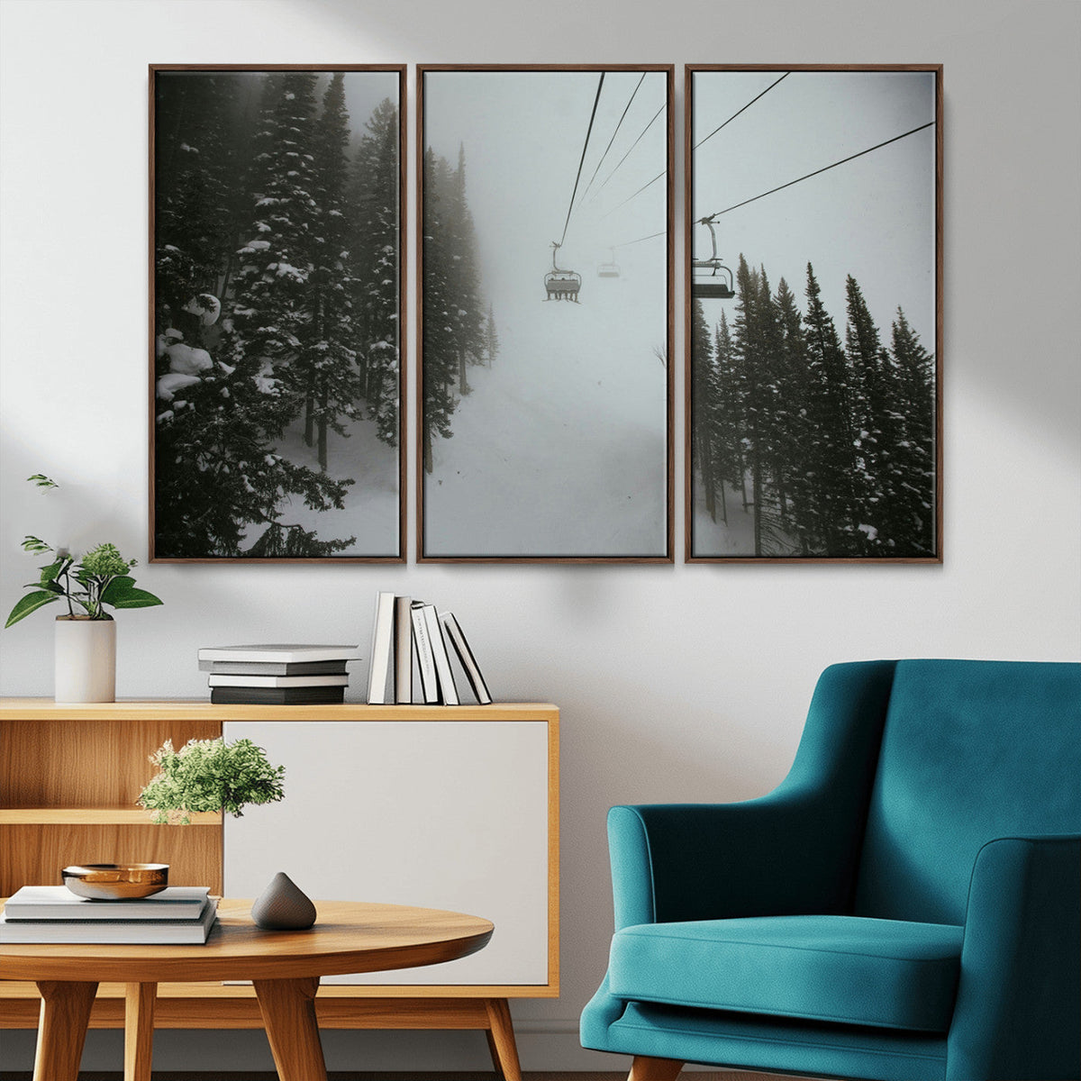 Ski Lift Wall Art Canvas Print – Snowy Pines Misty Landscape