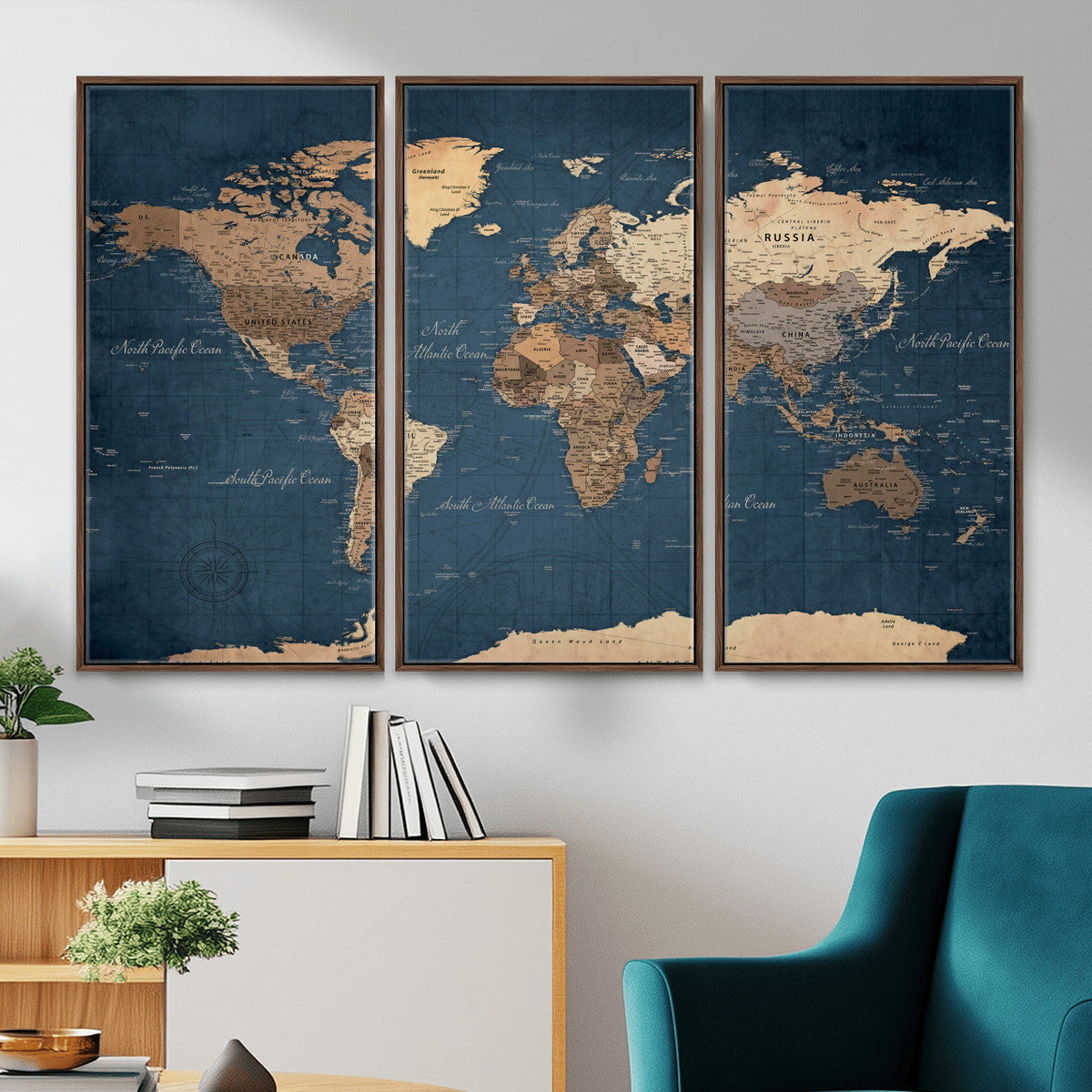 Navy Blue World Map Canvas Print – Framed Travel Map Wall
