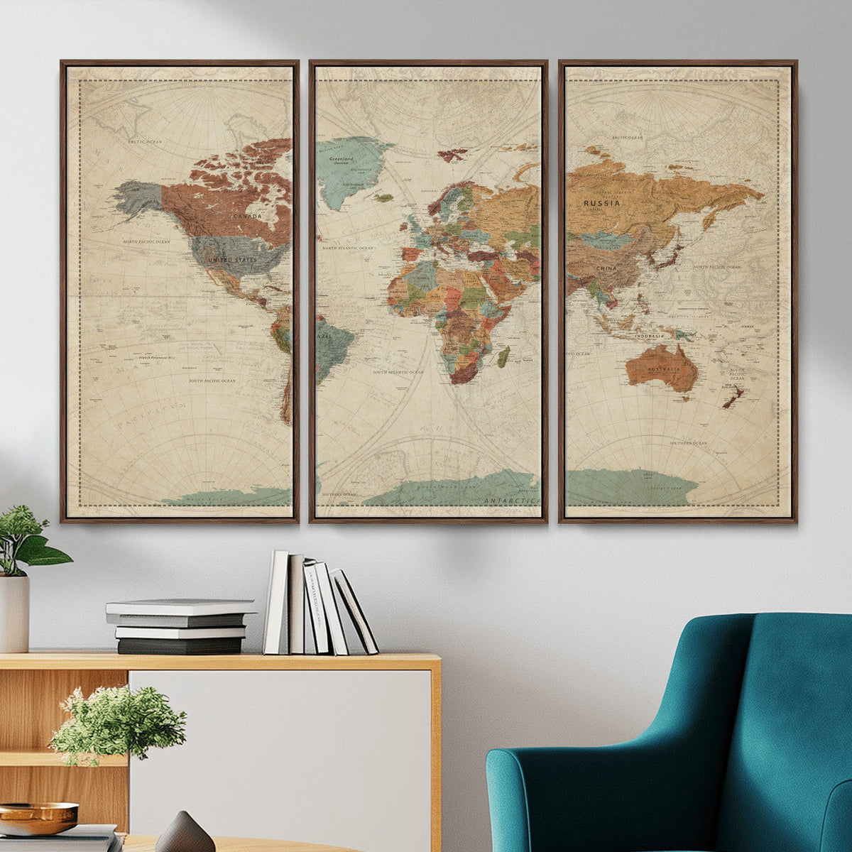 Vintage World Map Canvas Wall Art Print – Framed Modern