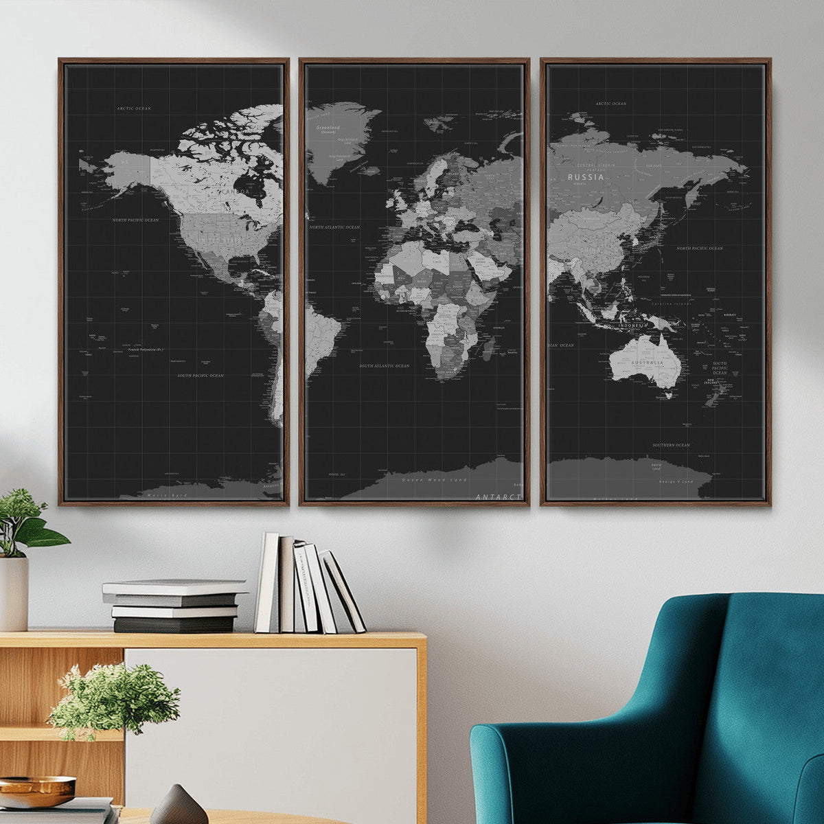 Black World Map Wall Art Canvas Print – Detailed Map of the