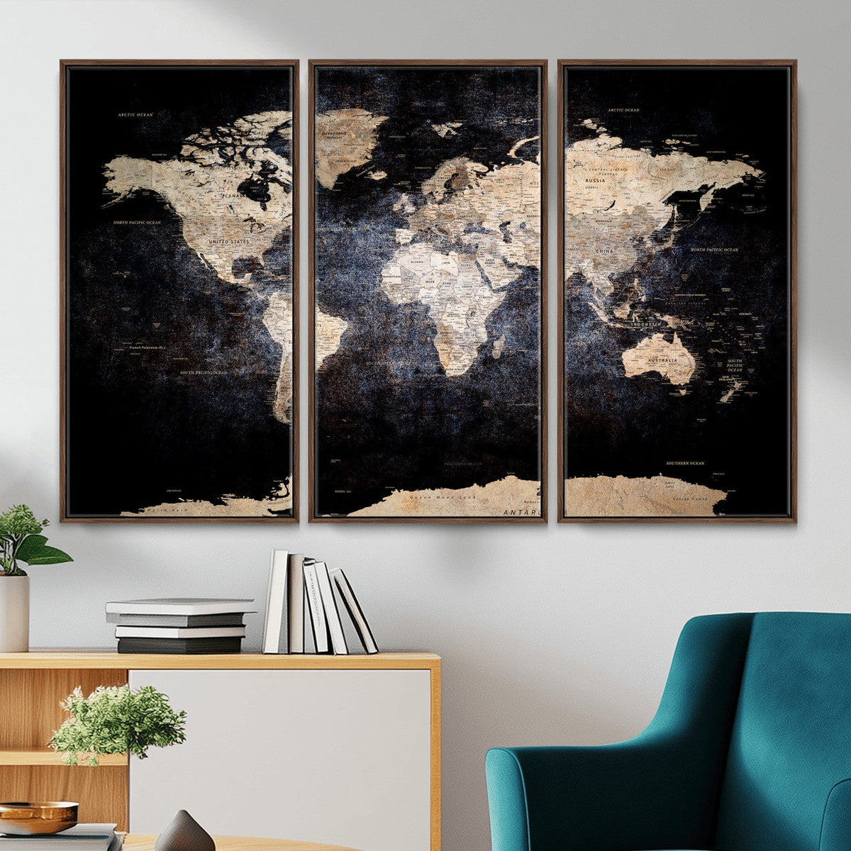 Grunge World Map Wall Art | 3-Panel Large Beige and Brown