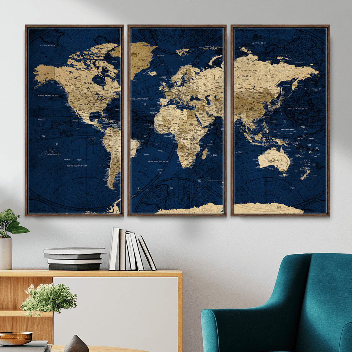 Navy Blue World Map Canvas Print – Detailed Map Minimal Navy