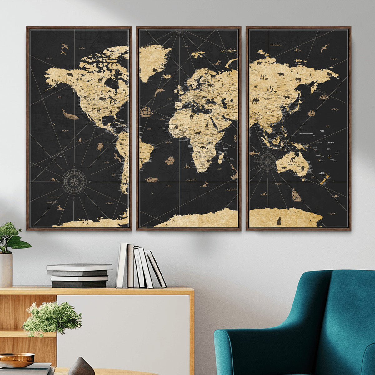 Vintage Blue and Brown World Map Canvas Wall Art – Framed