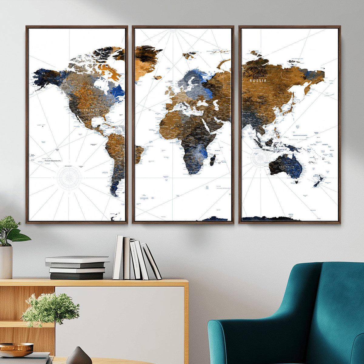 World Map Wall Art Canvas Print, Modern Decorative Framed