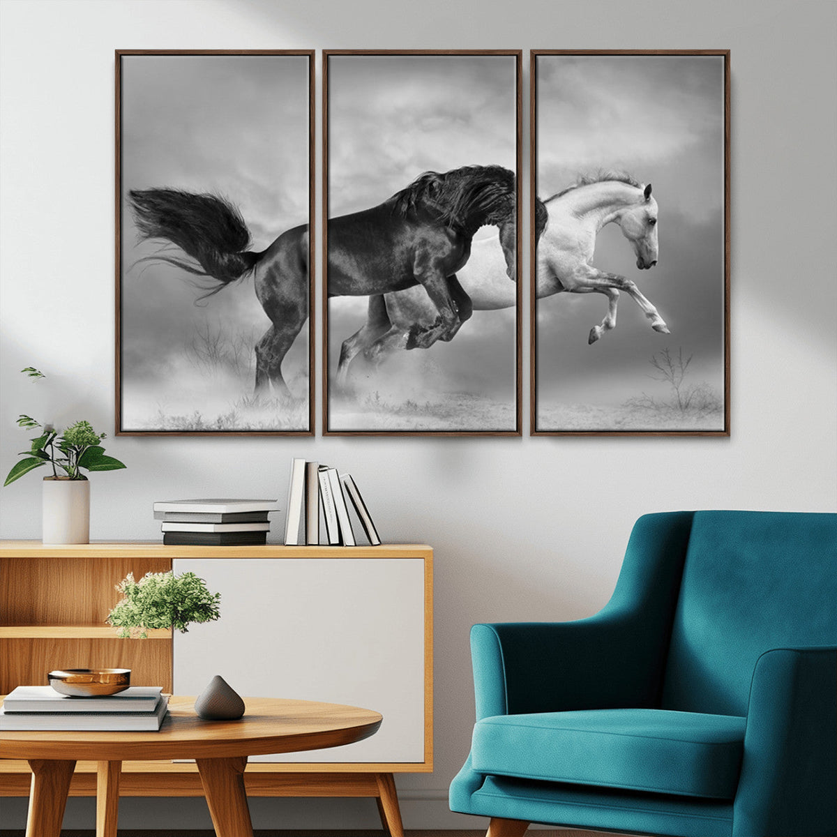Wild Horses Wall Art Canvas Print – Framed Black and White