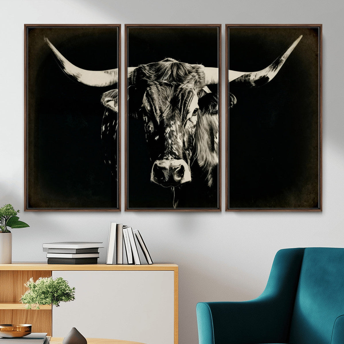 Black Bull Wall Art Canvas Print, Texas Longhorn Portrait