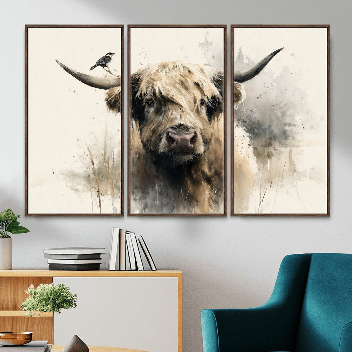 Abstract Highland Cow Wall Art Canvas Print, Rustic Farm