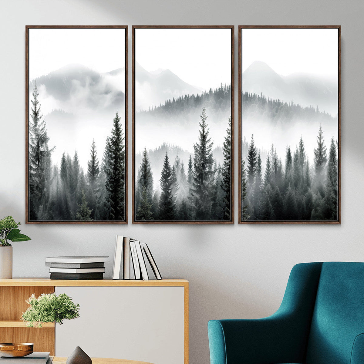 Misty Pine Forest Mountain Landscape Wall Art Canvas Print