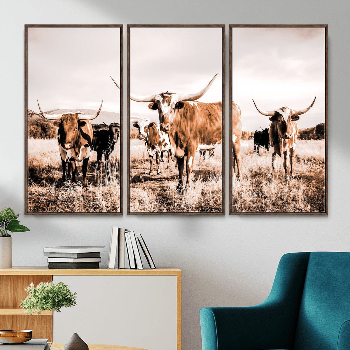 Texas Longhorn Cattle Wall Art Canvas Print, Sepia Western