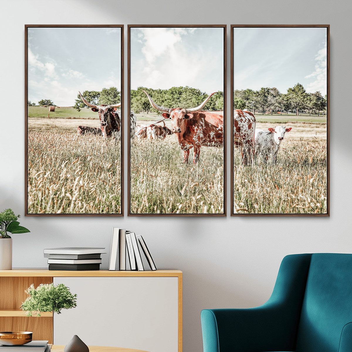 Texas Longhorn Cattle Wall Art Canvas Print, Rustic Ranch