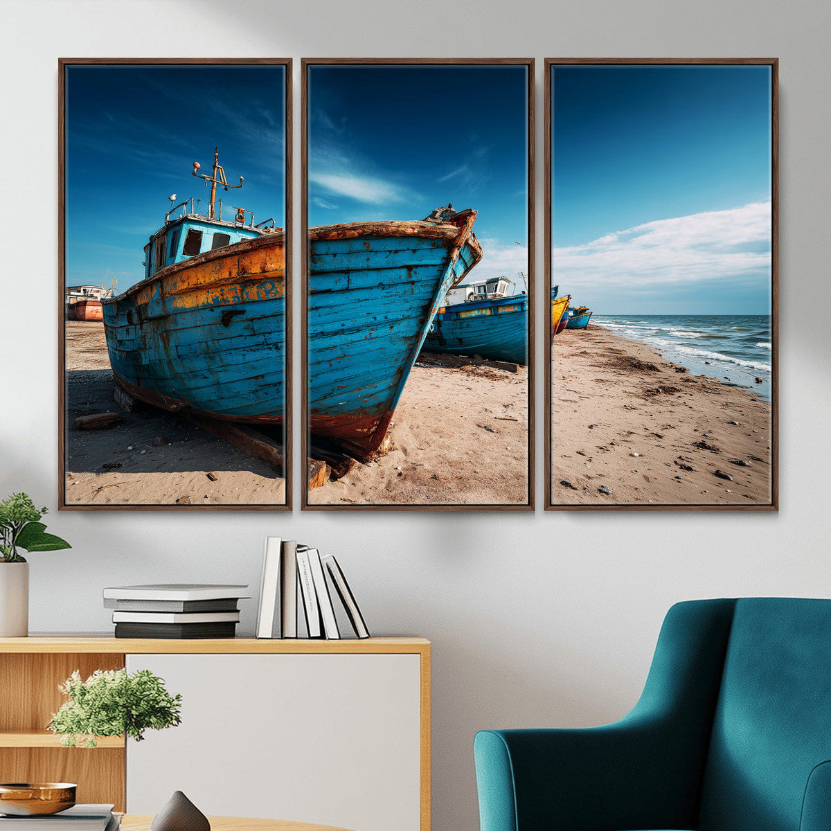 Coastal Fishing Boats Wall Art Canvas Print, Sunset Beach
