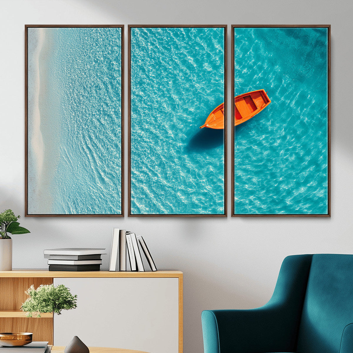 Minimalist Boat Wall Art Canvas Print, Aerial Sea Landscape