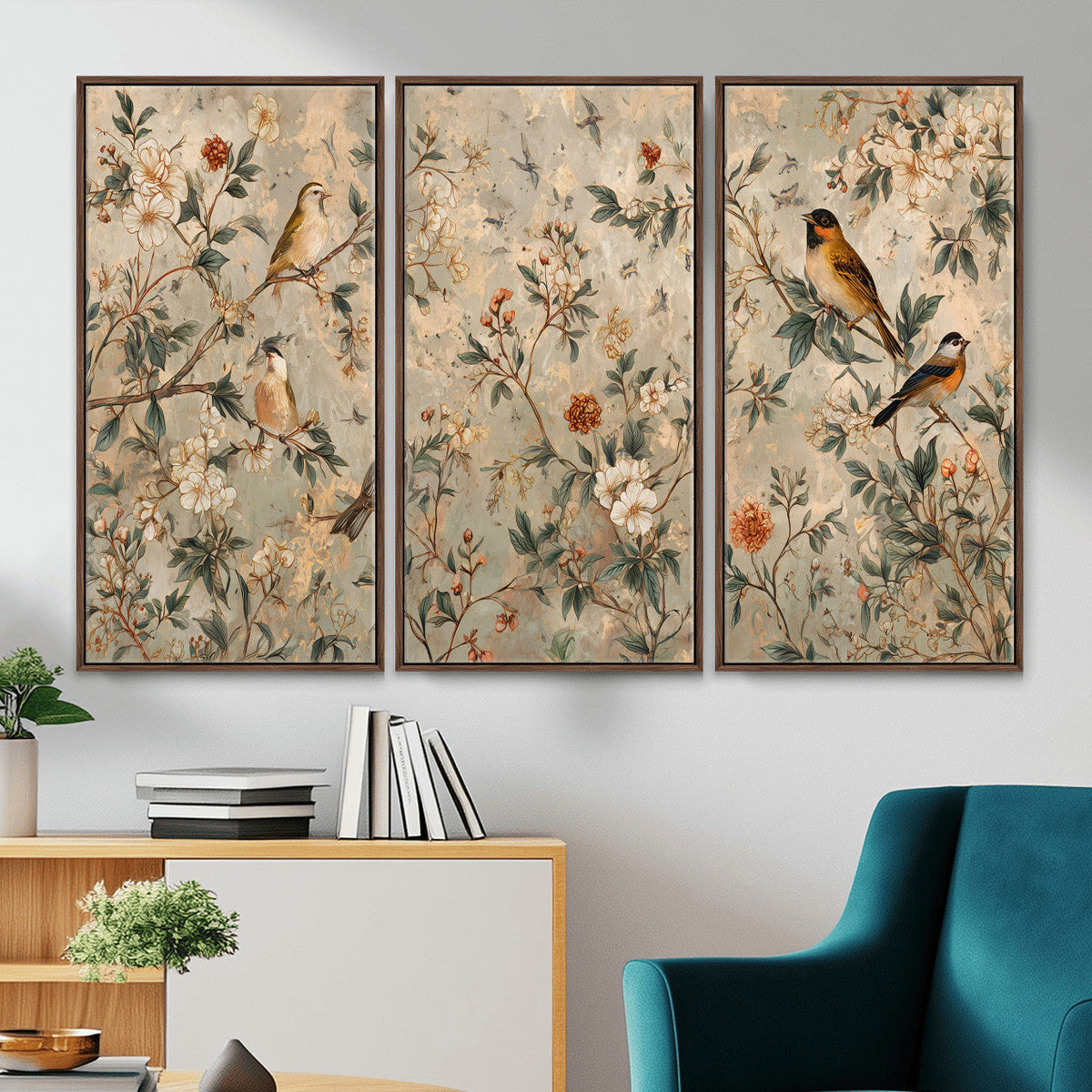 Vintage Birds and Flowers Wall Art Canvas Print, Botanical