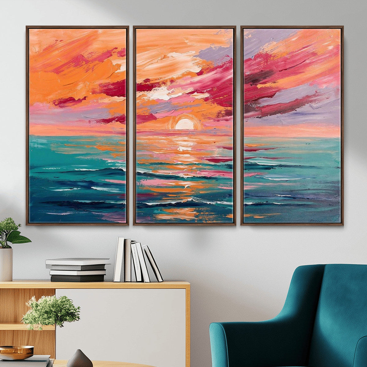 Bold Palette Knife Ocean Sunset Canvas — Orange Pink Teal