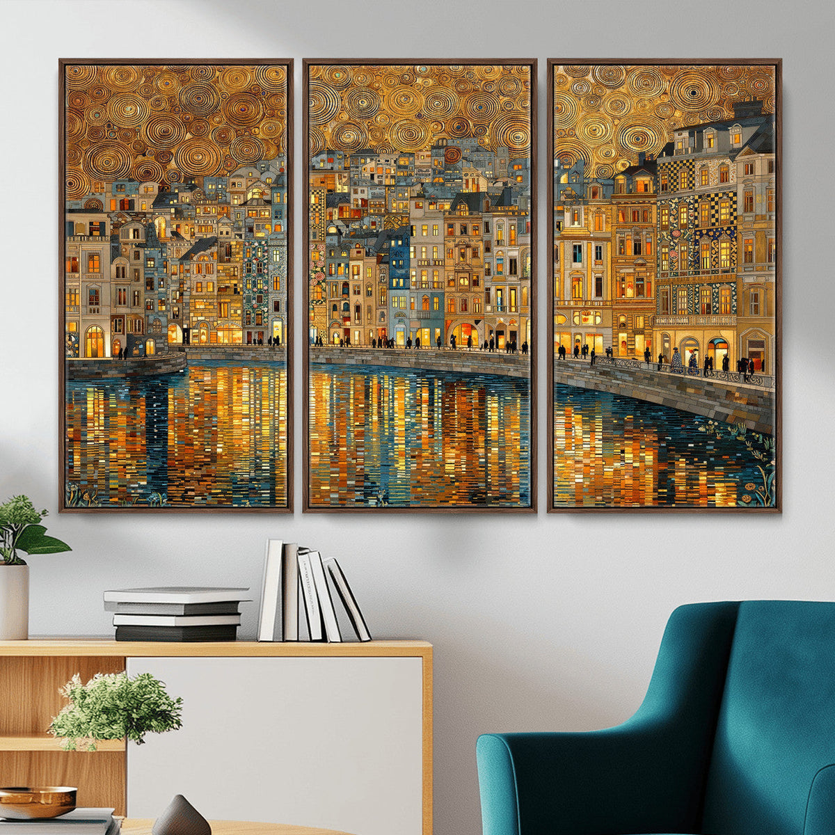 Gustav Klimt Golden Cityscape Wall Art Canvas Print, Framed