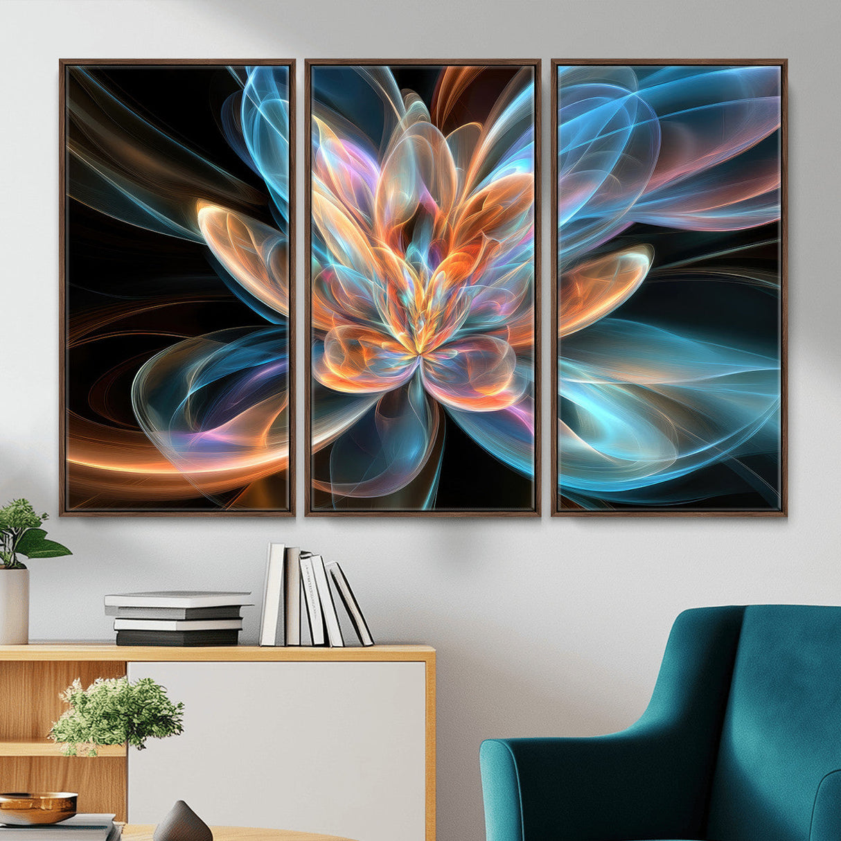Fractal Lotus Canvas Wall Art, Blue Orange Glowing Flower Abstract Print, Modern Zen Meditation Room Decor, Ethereal Digital Art, Living Room