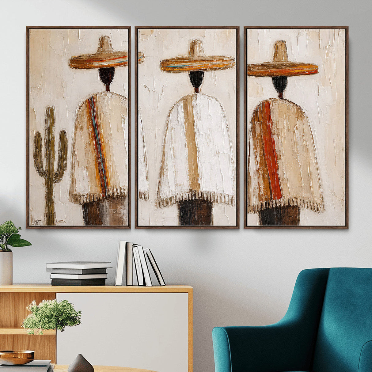 Mexican Wall Art Canvas Print, Southwestern Sombrero Poncho Painting, Neutral Earthy Boho Decor, Fiesta Living Room Art, Impasto Style Print