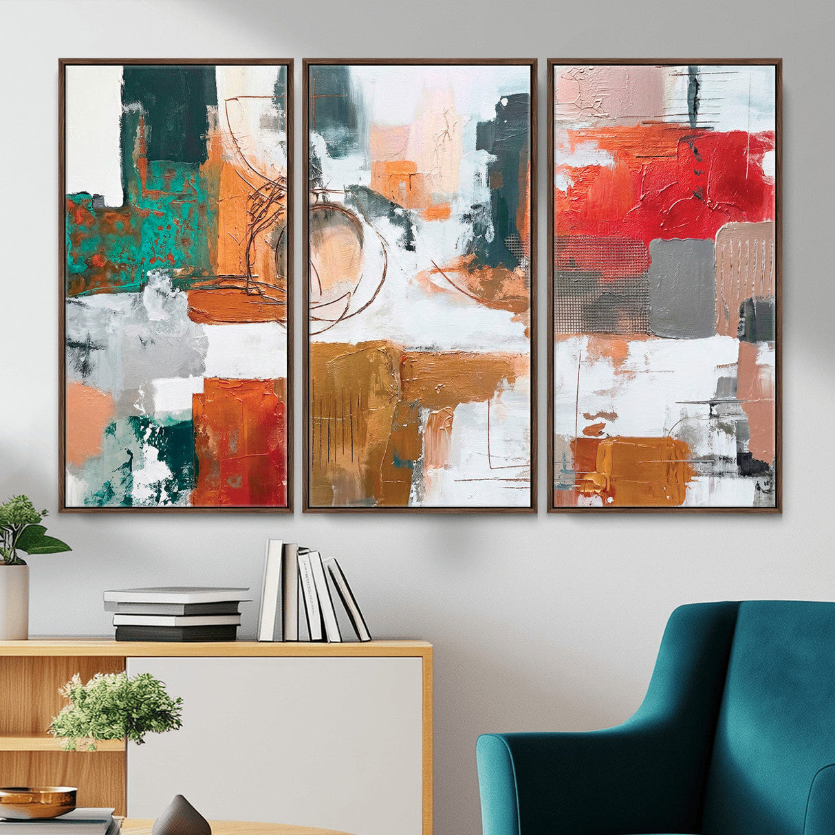 Blue Teal Abstract Canvas Wall Art, Modern Textured Painting Print, Navy Orange White Contemporary Art, Neutral Living Room Decor, Office Art