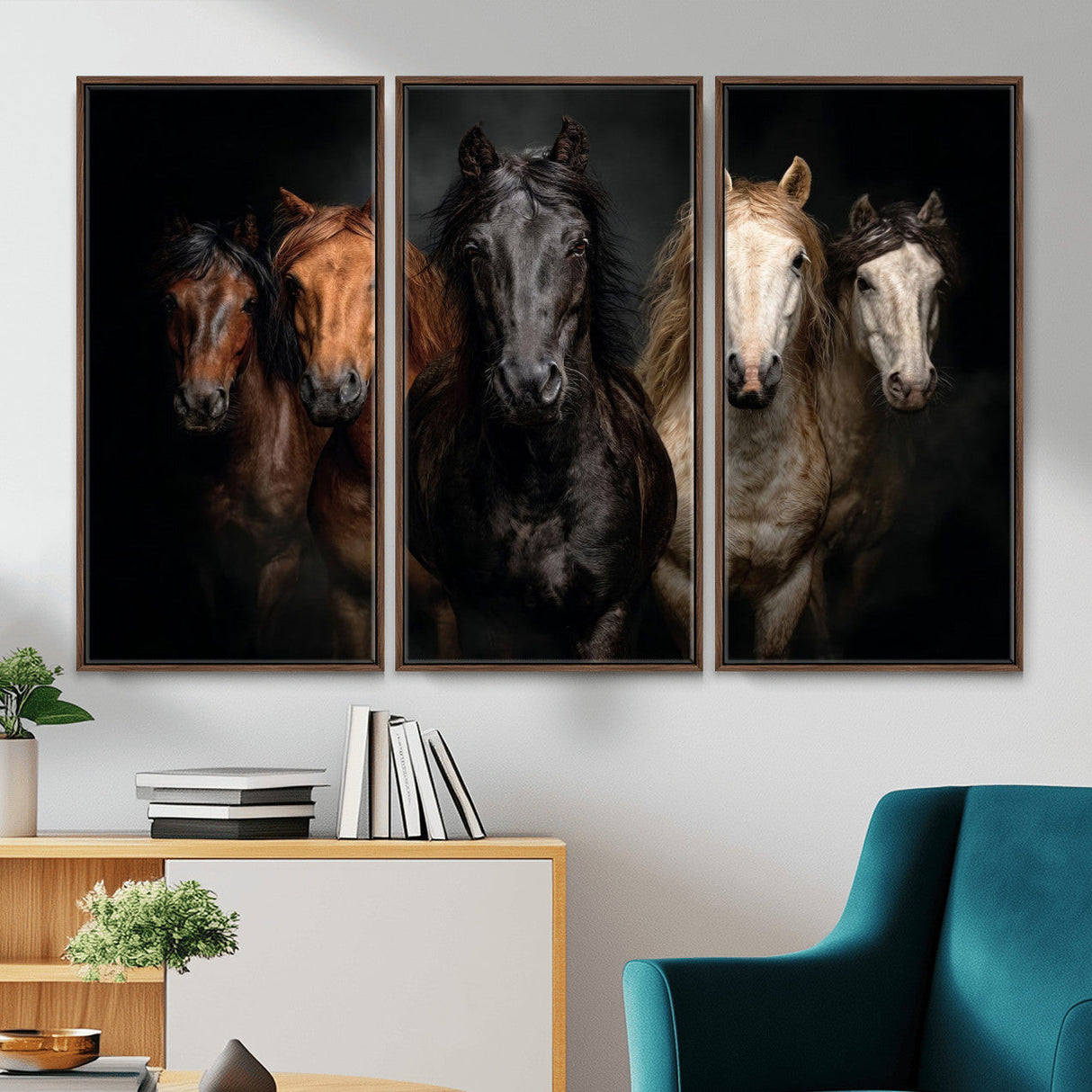 Horse Wall Art Canvas Print, Wild Horses Portrait Photography, Dramatic Equestrian Decor, Black Brown White Horse Herd, Rustic Ranch Art
