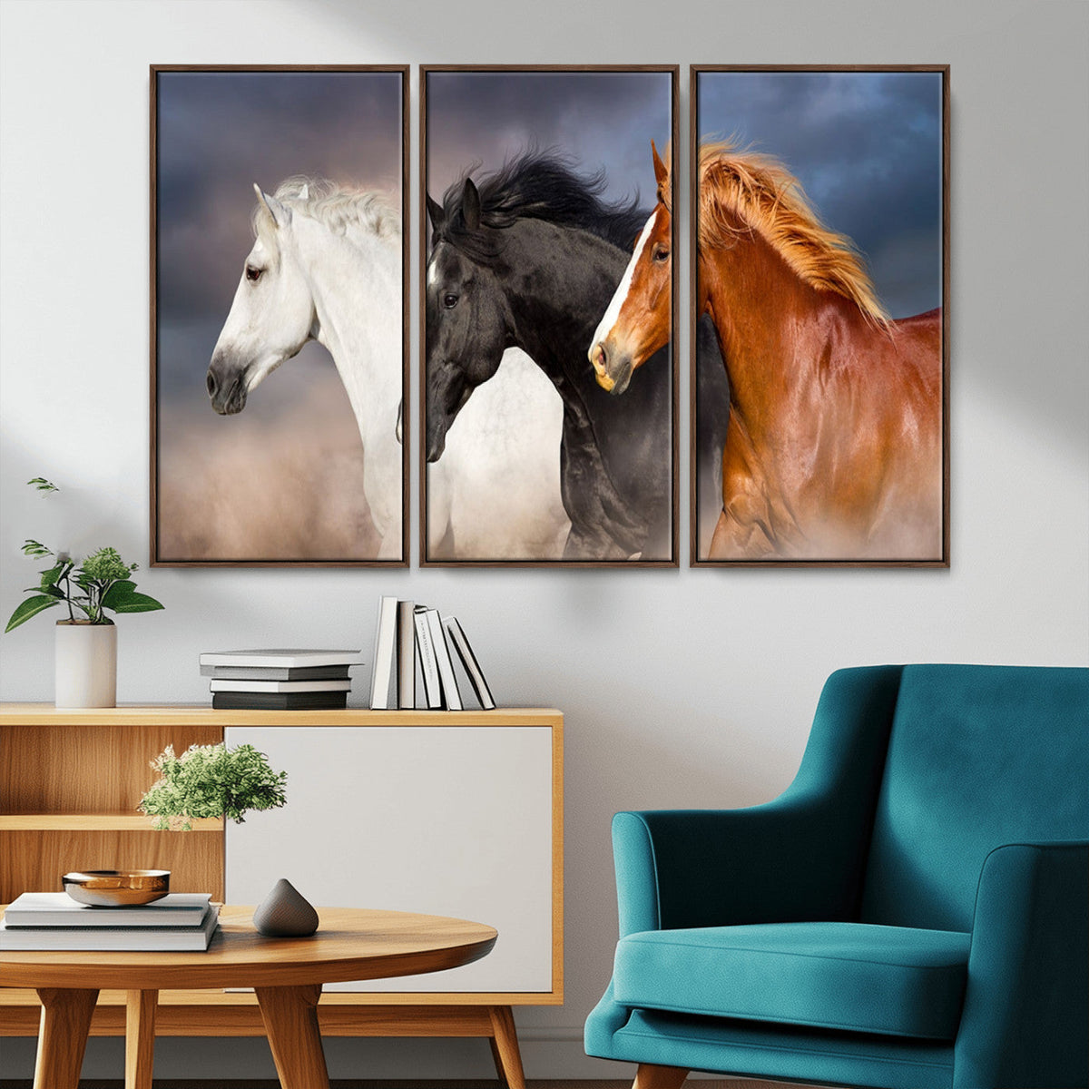 Animal Wall Art Three Horses Farmhouse Art Canvas, Framed