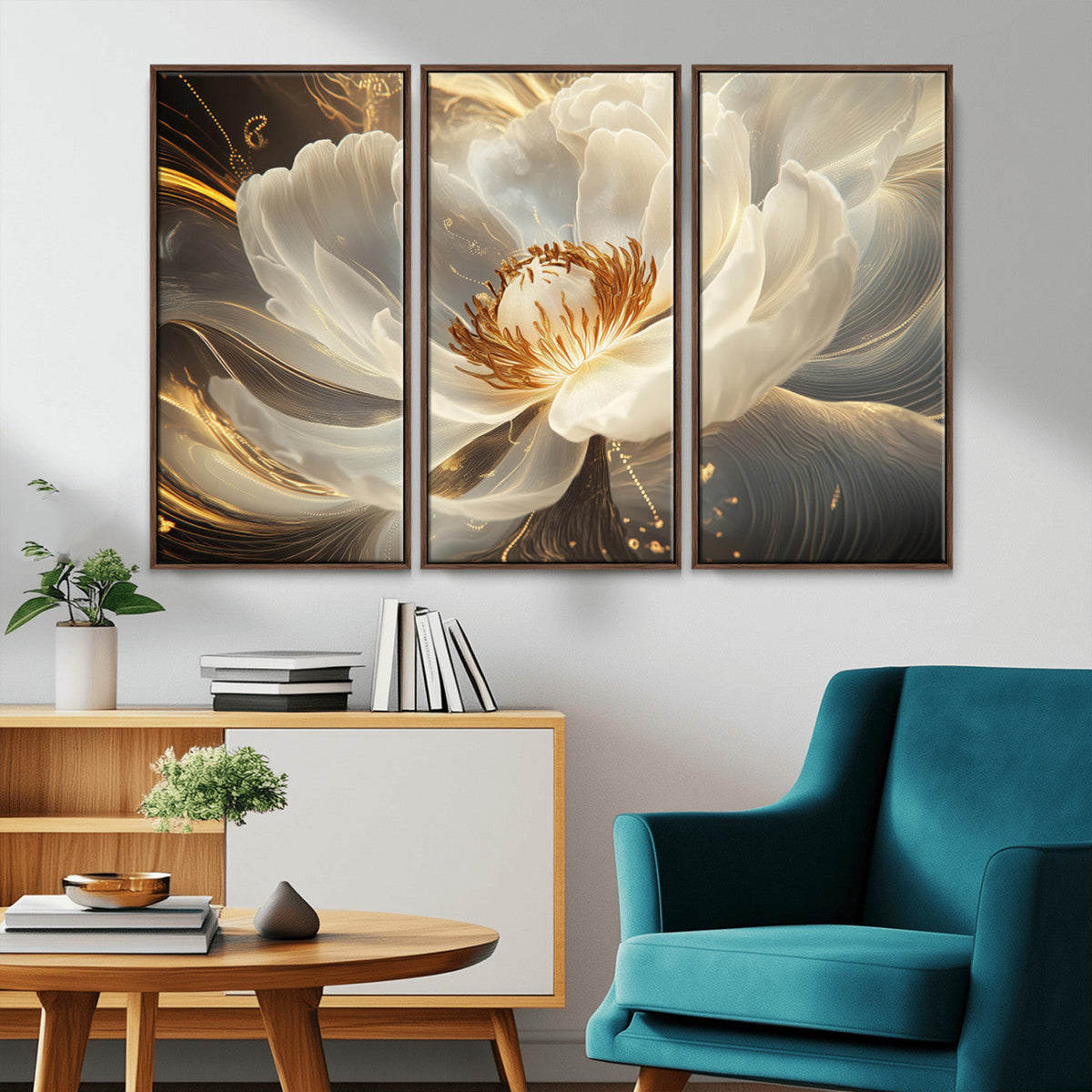 Gold Floral Wall Art Canvas Print, Framed Modern Flower Art