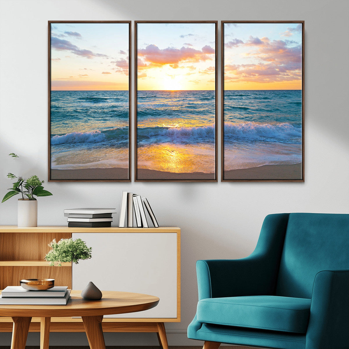 Golden Sunset Over Ocean Waves - Serene Coastal Triptych