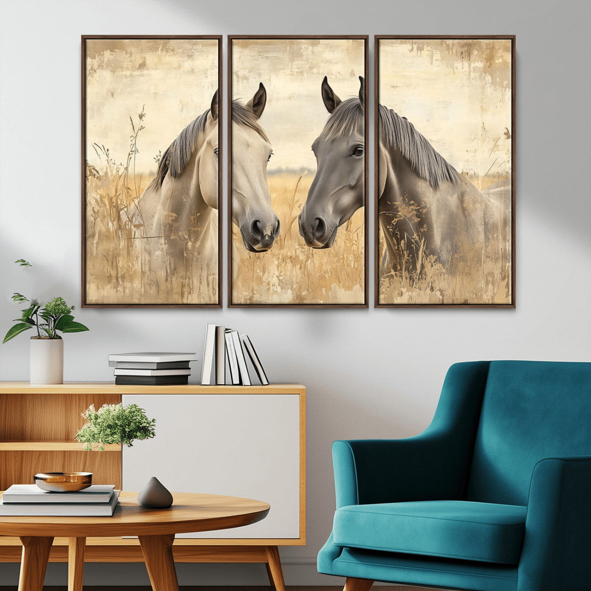 Chines Ink Style Grunge Horses Wall Art Canvas Print