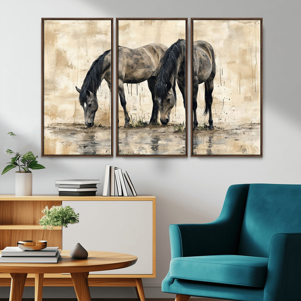 Chinese Style Abstract Black Horses Wall Art Canvas Print -