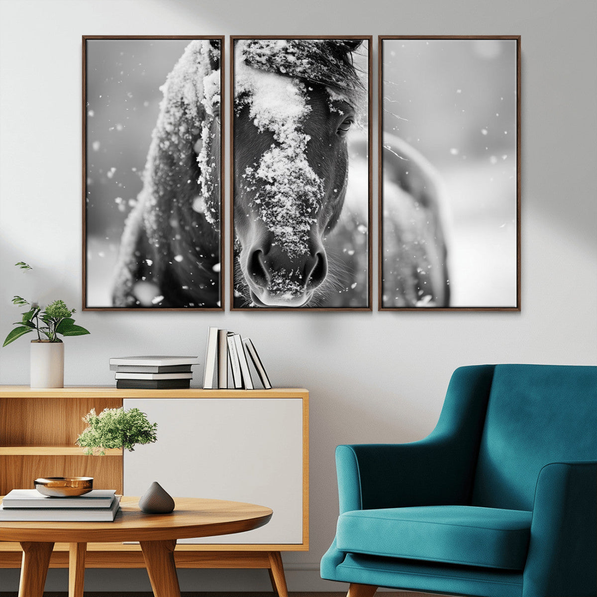 Black and White Horse Winter Wall Art | Ready to Hang and