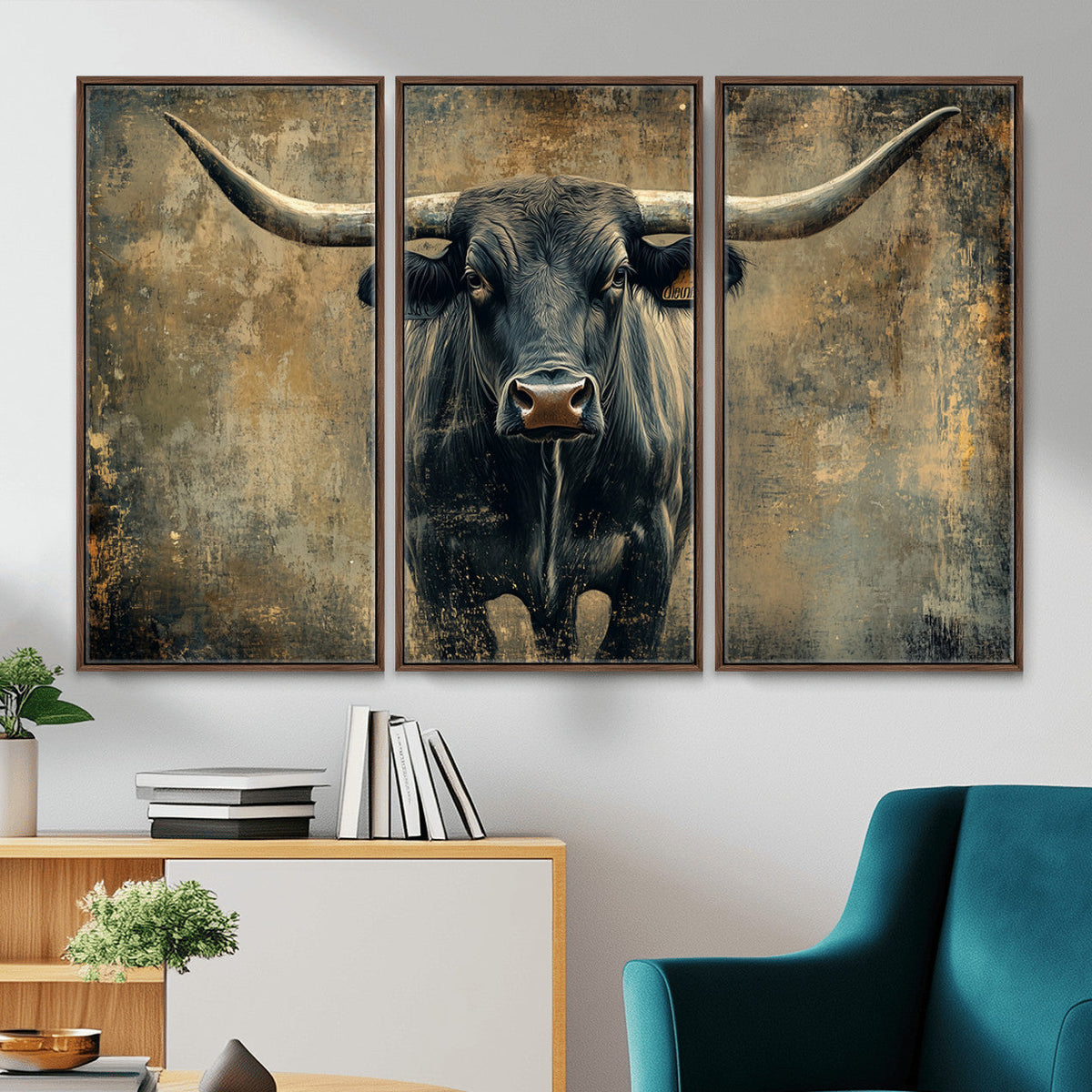Texas Longhorn Bull Wall Art – Framed Rustic Cow Canvas