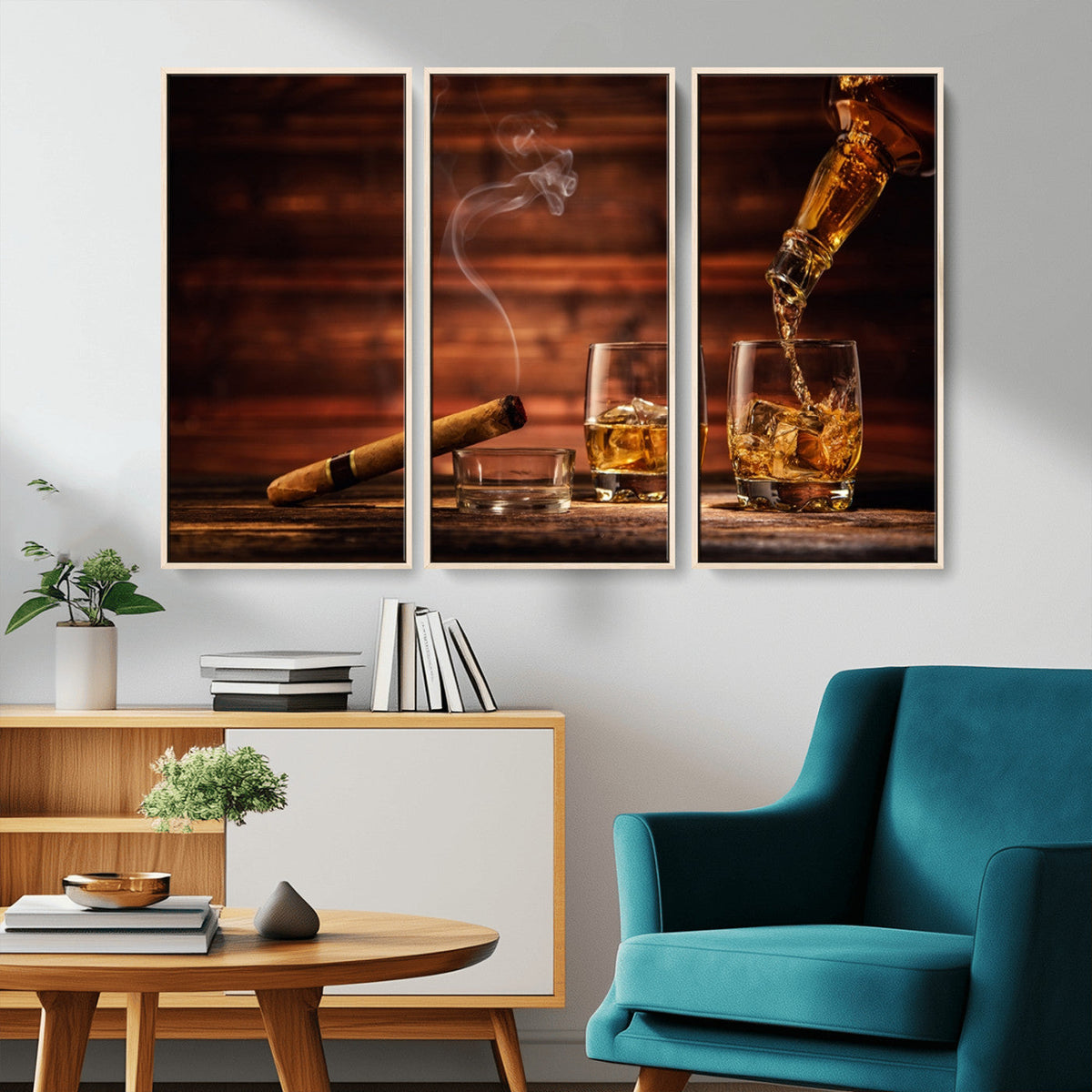 Whiskey and Cigar Wall Art Canvas | 3 Panel Bar Room Decor