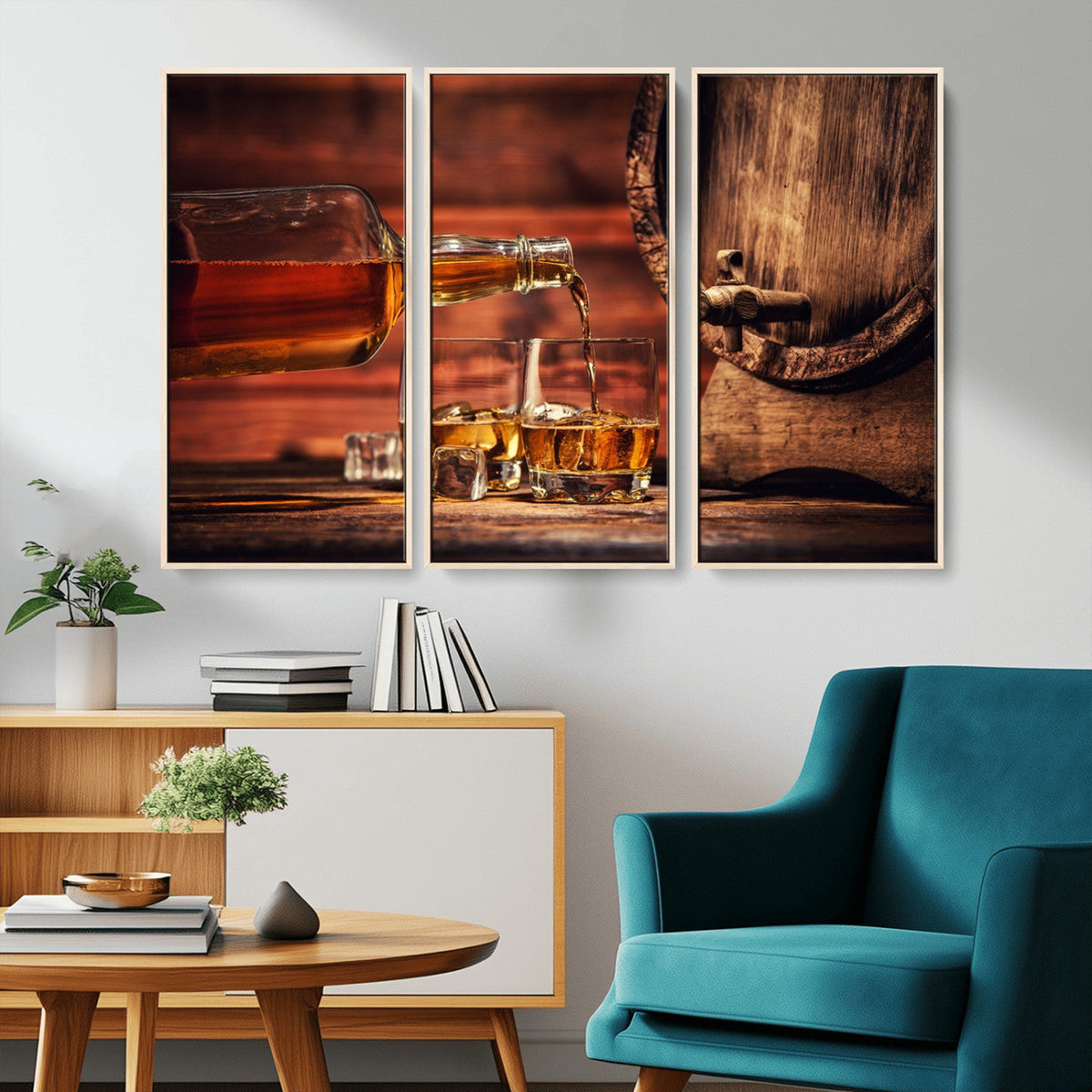Whiskey and Cigar Canvas Wall Art | 3 Panel Bar Room Decor