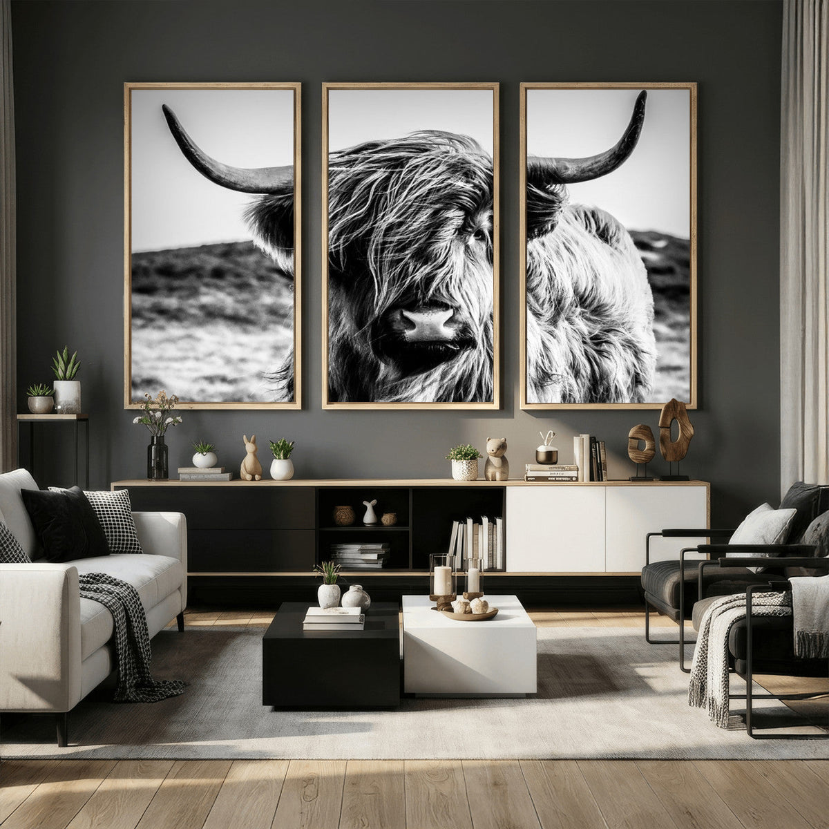 Black and White Scottish Cow Canvas Wall Art Highland Cattle