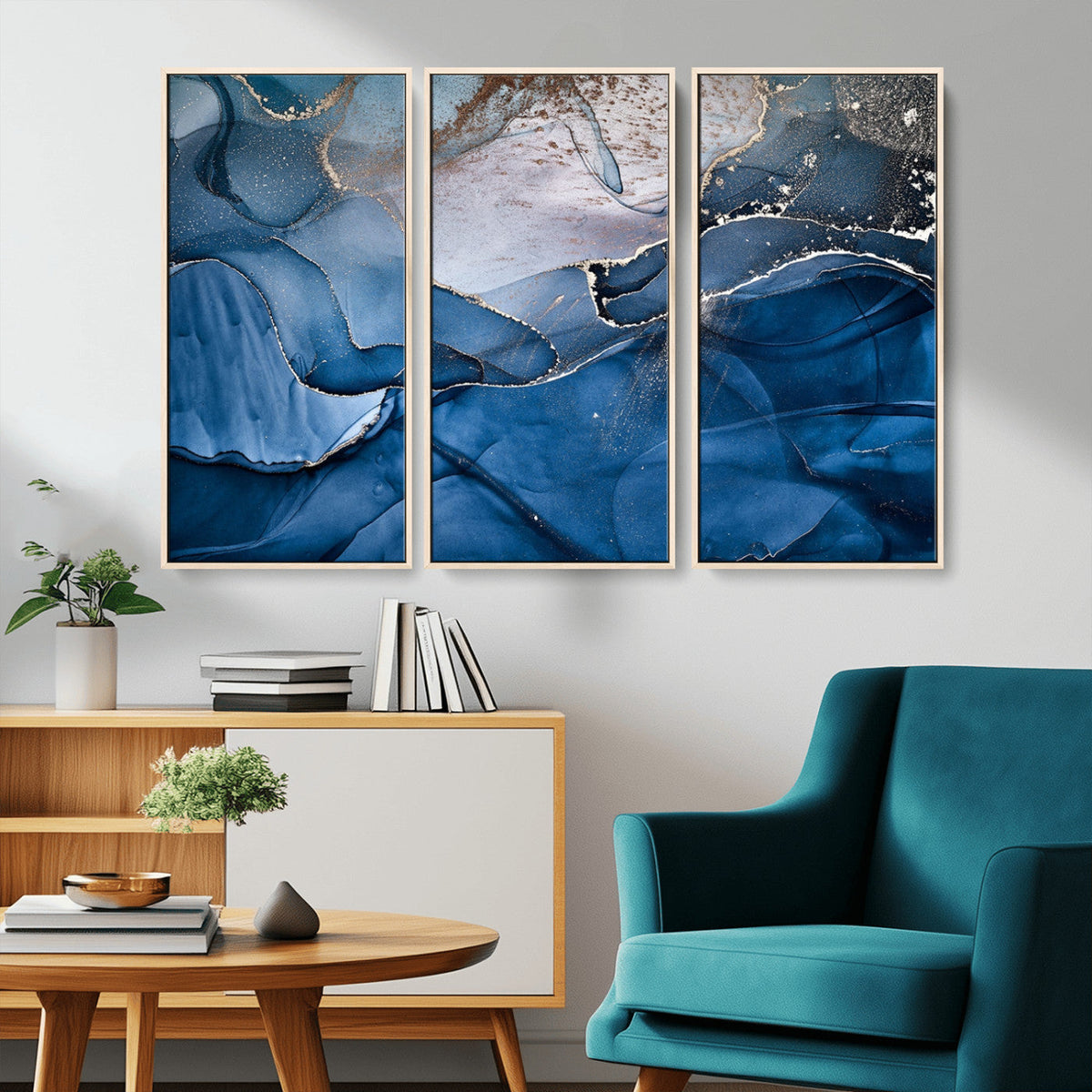 Navy Blue Canvas Art Abstract Print – Elegant Triptych
